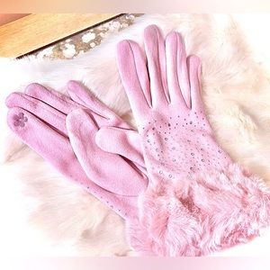 Pink Plush Rhinestone Comfy Glam Faux Fur Gloves